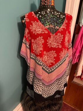 DR2 Red Paisley V-Neck Cold-Shoulder Blouse with Patterned Hem and scarf effect